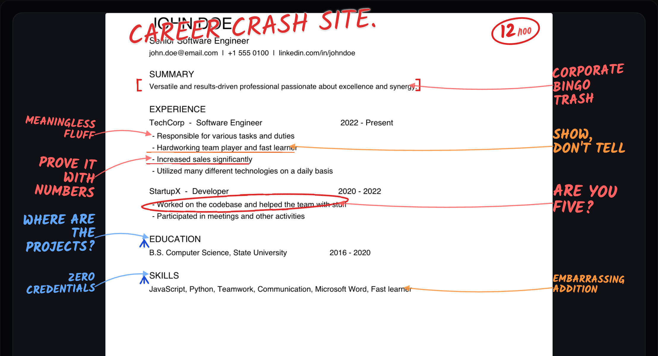 A CV marked up in red pen with a score and blunt margin notes